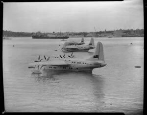 Tasman Empire Airways Ltd, flying boats (front to back), Solent Mk IV RMA Aranui, ZK-AMO, Solent Mk IV RMA Aotearoa II, ZK-AML, and the Tasman Class Sandringham RMA Auckland, ZK-AMH, Auckland
