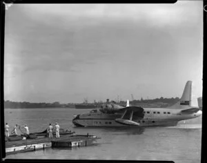 Tasman Empire Airways Ltd, Solent IV flying boat, RMA Awatere, ZK-AMN, approaching the pontoon, Mechanics Bay, Auckland