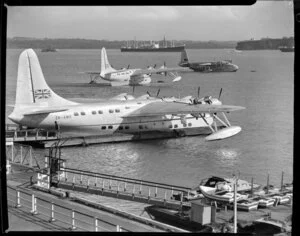 Tasman Empire Airways Ltdl, Solent IV flying boats, RMA Aranui, ZK-AMO (in the foreground), and RMA Aotearoa II, ZK-AML (behind), Mechanics Bay, Auckland
