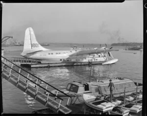 Tasman Empire Airways Ltd, Solent IV flying boat, RMA Aotearoa II, ZK-AML, moored at pontoon, Mechanics Bay, Auckland