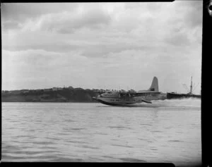 Tasman Empire Airways Ltd, Solent IV flying boat, RMA Aotearoa II, ZK-AML, taking off, Mechanics Bay, Auckland
