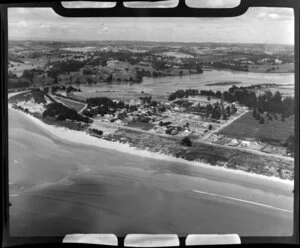 Coastal scene, Orewa, Rodney District, featuring town, beach, and river