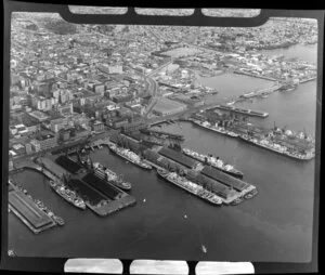 Port of Auckland, including ferry terminal, Princes Wharf, Viaduct Basin, and City Centre