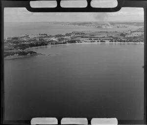 Coastal scene, Manly, Whangaparoa Peninsula, Auckland Region, including town and rural farmland