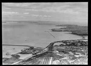 Auckland city railyards and Eastern Bays, looking toward Brown's Island, Auckland