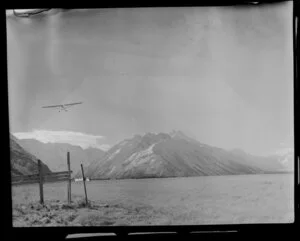 Austen aircraft taking off from tussock, Mount Cook Hermitage, MacKenzie District