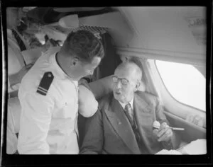Inauguration flight, Suva to Auckland, passenger and steward