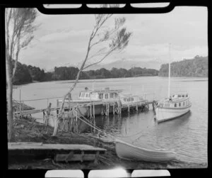 Boats berthed at the side of the Waiau River, Lake Manapouri, Southland district