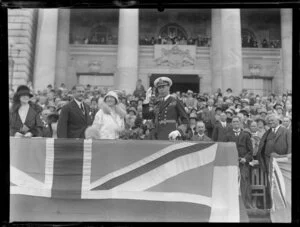 Duke of York taking a salute, on dais outside Parliament buildings, Wellington