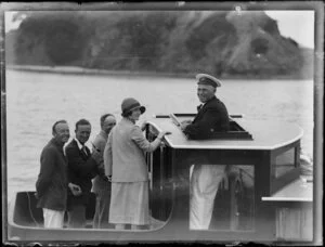 The Duchess of York on a fishing launch (presumably at Taupo)