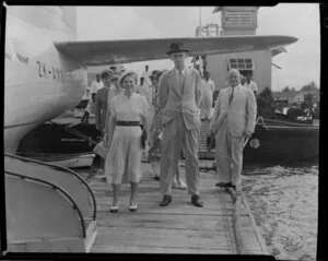 Tasman Empire Airways Ltd, courtesy flight, Governor of Fiji, Sir Leslie [Brian?] Freeston, his wife and the Deputy Mayor, Mr McFarlane (left), Suva, Fiji