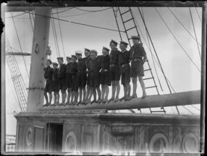 Sea cadets on four-masted barque Rewa, location unknown
