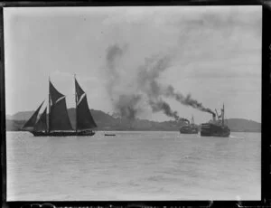Waitemata Harbour scene, featuring unidentified sail boat and two passenger ferries off Devonport, North Shore City, Auckland Region