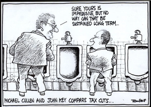 'Michael Cullen and John Key compare tax cuts... "Sure, yours is impressive, but no way can that be sustained long term..." 28 March, 2008