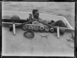 Swordfishing equipment on boat, including tarparinos, hook and line, and marlin eyeballs, Bay of Islands, Far North District, Northland Region