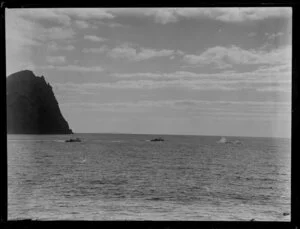 Two small whaling boats, with unidentified men and harpoons, pursuing whales, Bay of Islands, Far North District, Northland Region