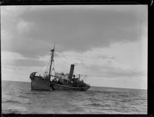 Whaling boat 'Hananui II' with whale carcass being towed alongside, Bay of Islands, Far North District, Northland Region