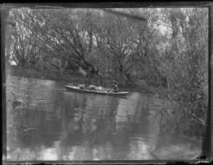 Duck shooting, featuring unidentified hunter in boat on waterway, location unknown