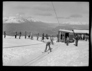 Skiers, joining the rope tow, Coronet Peak Ski Field, Central Otago