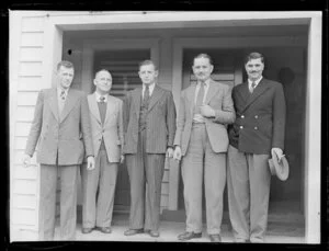 Mr R Milne, Mr Russell, Mr ?, Wing-Commander Gill, Mr Kidson at the Hobsonville Old Boys Reunion