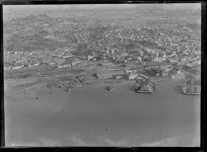 Auckland city showing wharves and railway yards