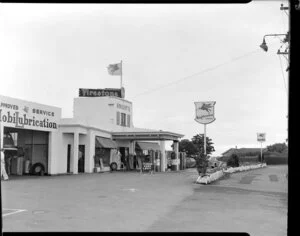 Knight's Service Station with Mobil and Plume petrol signs, Great South Road, Otahuhu, Auckland