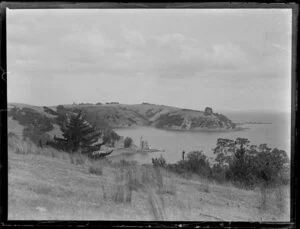 Kawau Island, Hauraki Gulf, showing the former copper mine chimney and pumphouse in the distance