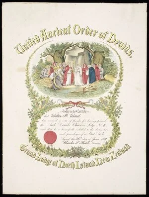 United Ancient Order of Druids. Grand Lodge of North Island, New Zealand :This is to certify that [Walter H Ward] has received a vote of thanks for having passed the Arch Druids' Chair in Lodge no. [5 ... 26th day of June 1917, Charles S Rush, secretary]. Ferguson & Hicks, Wellington. N.Z. [ca 1917]