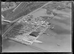 TEAL (Tasman Empire Airways Limited) facilities at Mechanics Bay, Auckland, with seaplanes