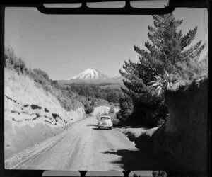 Morris Minor on the Desert Road with Mount Ngauruhoe in the background