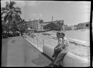 Two men on the beachfront, Honolulu, Hawaii