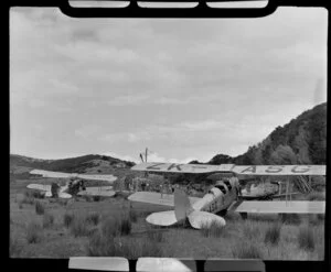 De Havilland Tiger Moth aeroplanes, ZK-ASG and ZK-AUD (left), Ponui Island, Auckland