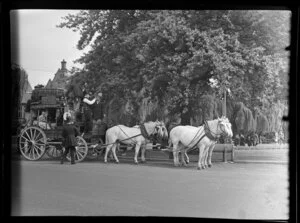 Christchurch Centennial celebrations, stagecoach and horses being prepared for procession