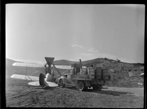 Refilling aircraft for topdressing, Ponui Island, Hauraki Gulf, Auckland