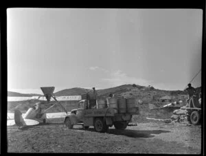 Refilling aircraft for topdressing, Ponui Island, Hauraki Gulf, Auckland