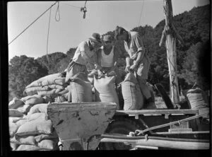 Refilling aerial topdressing bucket with fertiliser for aircraft, Ponui Island, Hauraki Gulf, Auckland