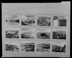 Display of the special collection for Scenic Series, showing 12 aerial views of the South Island