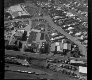Unidentified factories in industrial area, Manukau City, Auckland, including railway yard and residential housing