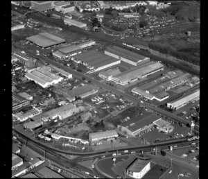 Unidentified factories in industrial area, Otahuhu, Manukau City, Auckland, including a glimpse of Westfield Freezing Works