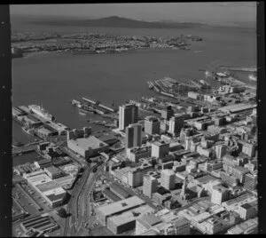 Central Auckland looking towards Devonport, including Princes Wharf, Ferry Terminal, Port, Lower Hobson Street, Rangitoto Island and Waitemata Harbour