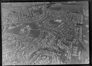 Mangere, Manukau City, Auckland, including residential houses, school buildings and sports fields