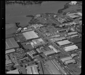 Factories, including New Zealand Motor Corporation, Carbine Road industrial area, Mt Wellington, Auckland, also including Tamaki River