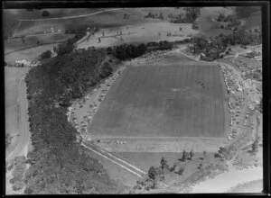 Polo game in progress at Auckland Polo Club field in Clevedon, Manukau City, Auckland Region