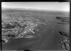 Auckland City and suburbs looking towards Waitakere City, including Stanley Bay, Devonport, Port of Auckland, and Waitemata Harbour