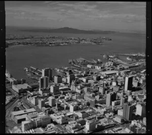 Central Auckland looking towards Devonport, including Ferry Terminal, Port, Waitemata Harbour and Rangitoto Island