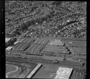 Tamaki railway station, Camp Bunn, and suburban houses, Panmure, Auckland