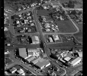Unidentified factories in industrial area, Manukau City, Auckland, including residential housing and railway line