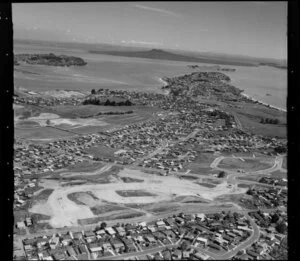 Land cleared for housing development, Gills Road, Manukau City, Auckland, including Bucklands Beach, Half Moon Bay, and Rangitoto Island