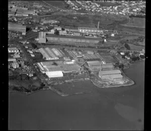 Unidentified factories in industrial area, Manukau City, Auckland, including [Mangere Inlet?]
