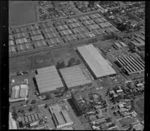 Unidentified factories and [storage?], Carbine Road industrial area, Mt Wellington, Auckland, also including residential housing